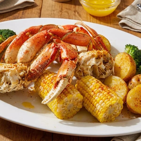 Crab legs, corn on the cob, roasted potatoes, and broccoli on a white platter.