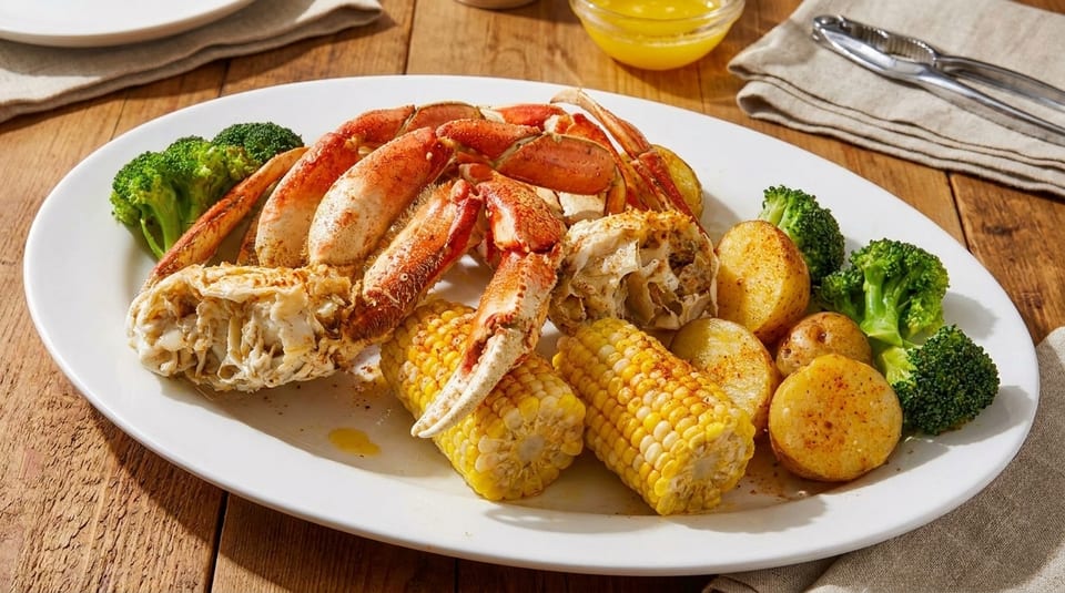 Crab legs, corn on the cob, roasted potatoes, and broccoli on a white platter.
