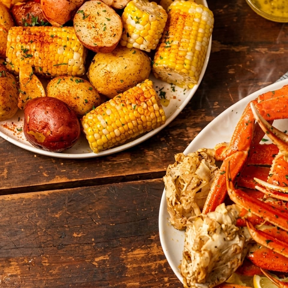 Plates of steamed crab legs, corn on the cob, and potatoes on a rustic wooden table.