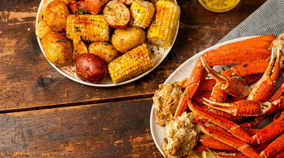 Plates of steamed crab legs, corn on the cob, and potatoes on a rustic wooden table.